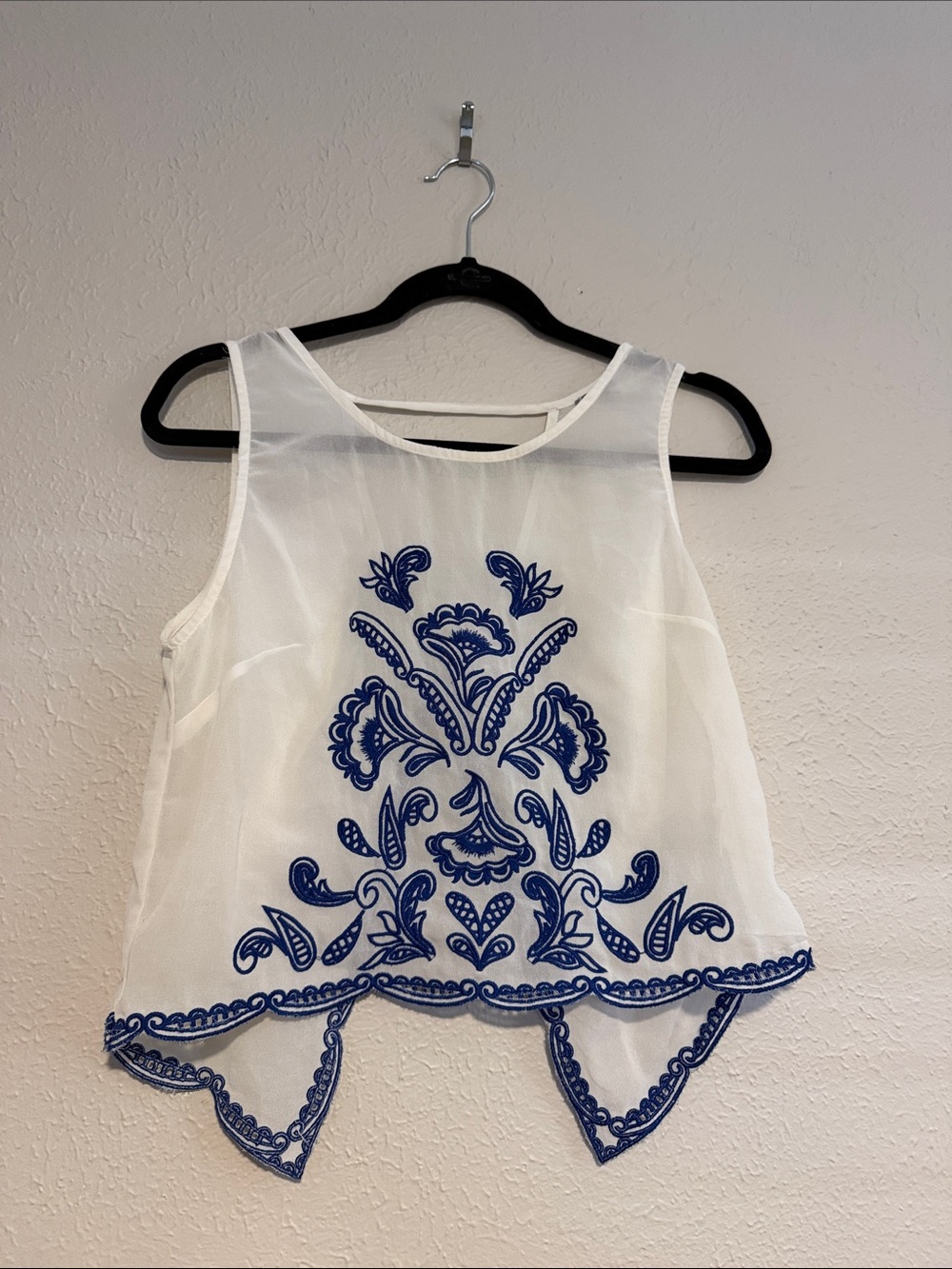 White Sheer Embroidered Tank with Blue Floral Design